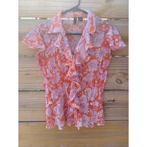 Serenade New York Orange Pink Floral Ruffle V-Neck Blouse Short Sleeve Medium